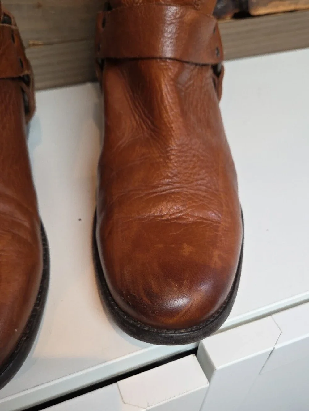 Frye Phillip Harness Tall Cognac Brown Leather Boots